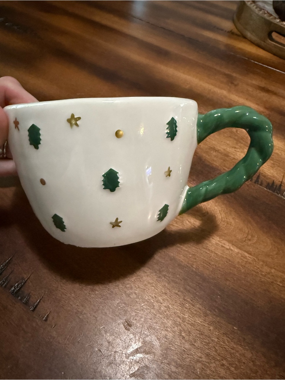 Sunday morning ceramics festive White Ceramic Mug with Green Handle and Tree Mot